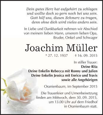 Traueranzeige von Joachim Müller von WVG - Wochenspiegel Wittenberg