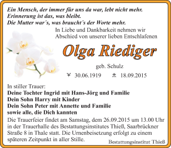 Traueranzeige von Olga Riediger von Mitteldeutsche Zeitung Quedlinburg