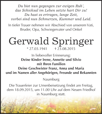 Traueranzeige von Gerwald Springer von WVG - Wochenspiegel NMB / WSF / ZTZ