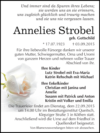 Traueranzeige von Annelies Strobel von WVG - Wochenspiegel Dessau / Köthen