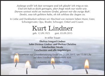 Traueranzeige von Kurt Lindner von WVG - Wochenspiegel NMB / WSF / ZTZ