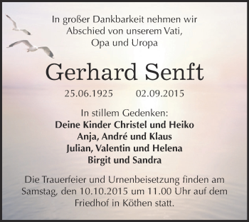 Traueranzeige von Gerhard Senft von WVG - Wochenspiegel Dessau / Köthen