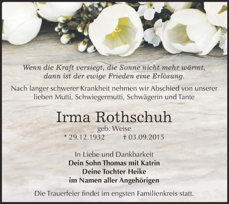  Traueranzeige für Irma Rothschuh vom 12.09.2015 aus WVG - Wochenspiegel Dessau / Köthen