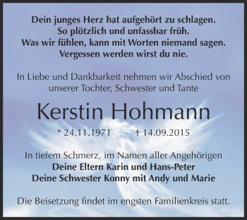 Traueranzeige von Kerstin Hohmann von WVG - Wochenspiegel Dessau / Köthen