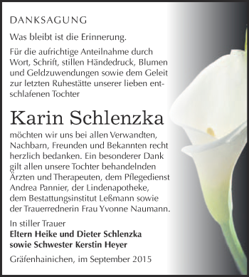 Traueranzeige von Karin Schlenzka von WVG - Wochenspiegel Wittenberg