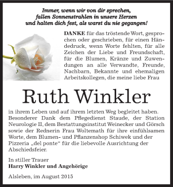Traueranzeige von Ruth Winkler von Mitteldeutsche Zeitung Weißenfels