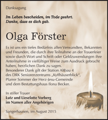 Traueranzeige von Olga Förster von Super Sonntag SGH Mansf. Land
