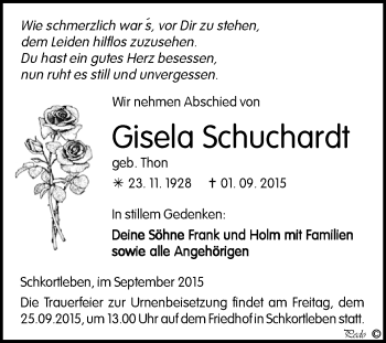 Traueranzeige von Gisela Schuchardt von WVG - Wochenspiegel NMB / WSF / ZTZ