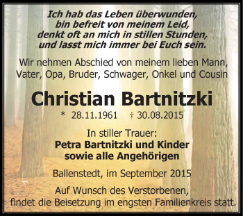Traueranzeige von Christian Bartnitzki von Super Sonntag Aschersleben