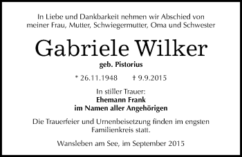 Traueranzeige von Gabriele Wilker von Mitteldeutsche Zeitung