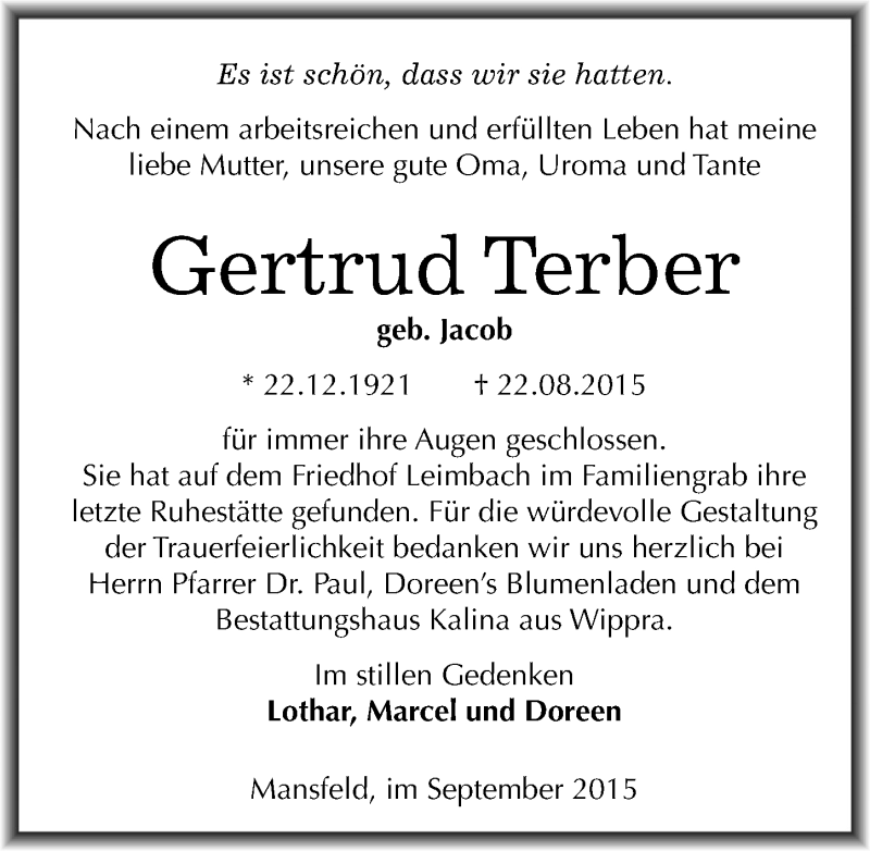  Traueranzeige für Gertrud Terber vom 08.09.2015 aus Mitteldeutsche Zeitung Mansfelder Land