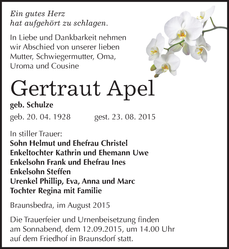  Traueranzeige für Gertraut Apel vom 05.09.2015 aus Mitteldeutsche Zeitung Merseburg/Querfurt