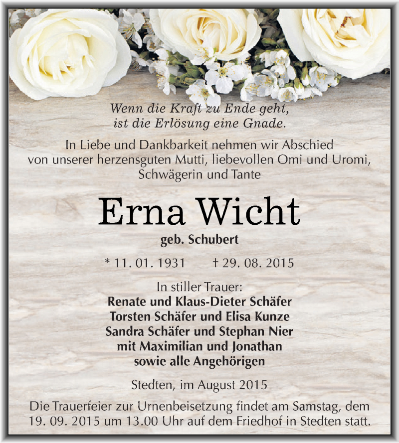  Traueranzeige für Erna Wicht vom 05.09.2015 aus Super Sonntag SGH Mansf. Land
