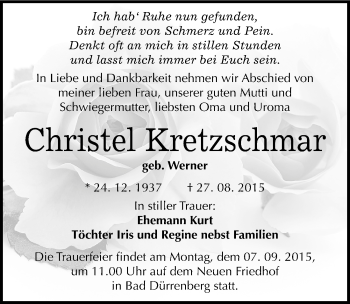 Traueranzeige von Christel Kretzschmar von Mitteldeutsche Zeitung Merseburg/Querfurt