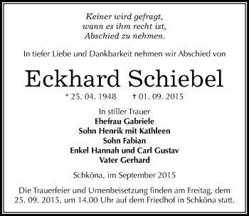 Traueranzeige von Eckhard Schiebel von Mitteldeutsche Zeitung Wittenberg