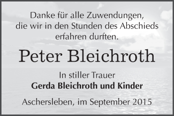 Traueranzeige von Peter Bleichroth von WVG - Wochenspiegel Aschersleben