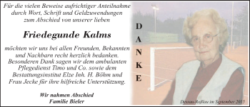 Traueranzeige von Friedegunde Kalms von Mitteldeutsche Zeitung Dessau-Roßlau