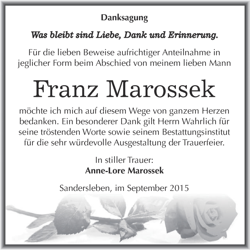  Traueranzeige für Franz Marossek vom 26.09.2015 aus Super Sonntag SGH Mansf. Land