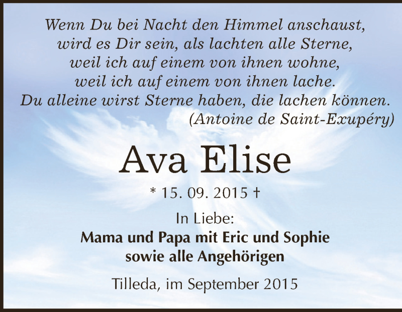  Traueranzeige für Ava Elise vom 23.09.2015 aus WVG - Wochenspiegel SGH