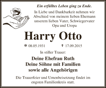 Traueranzeige von Harry Otto von WVG - Wochenspiegel Dessau / Köthen