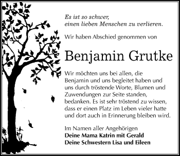Traueranzeige von Benjamin Grutke von Mitteldeutsche Zeitung Dessau-Roßlau