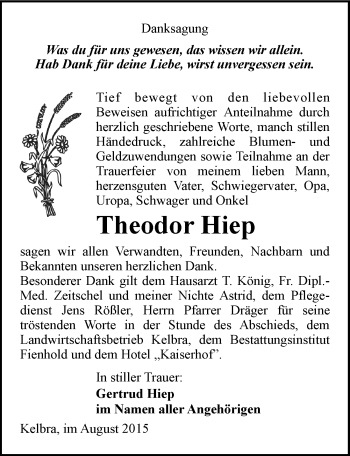 Traueranzeige von Theodor Hiep von Mitteldeutsche Zeitung Sangerhausen