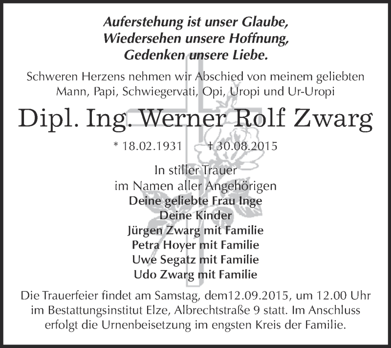  Traueranzeige für Werner Rolf Zwarg vom 05.09.2015 aus WVG - Wochenspiegel Dessau / Köthen