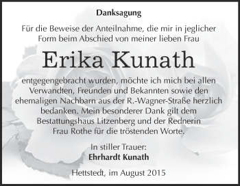 Traueranzeige von Erika Kunath von Super Sonntag SGH Mansf. Land