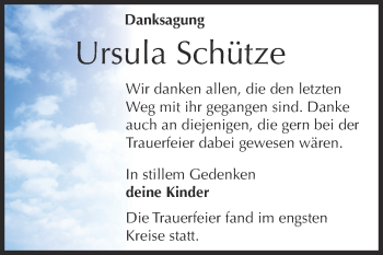 Traueranzeige von Ursula Schütze von Super Sonntag SGH Mansf. Land