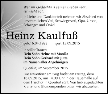 Traueranzeige von Heinz Kaulfuß von Mitteldeutsche Zeitung Merseburg/Querfurt
