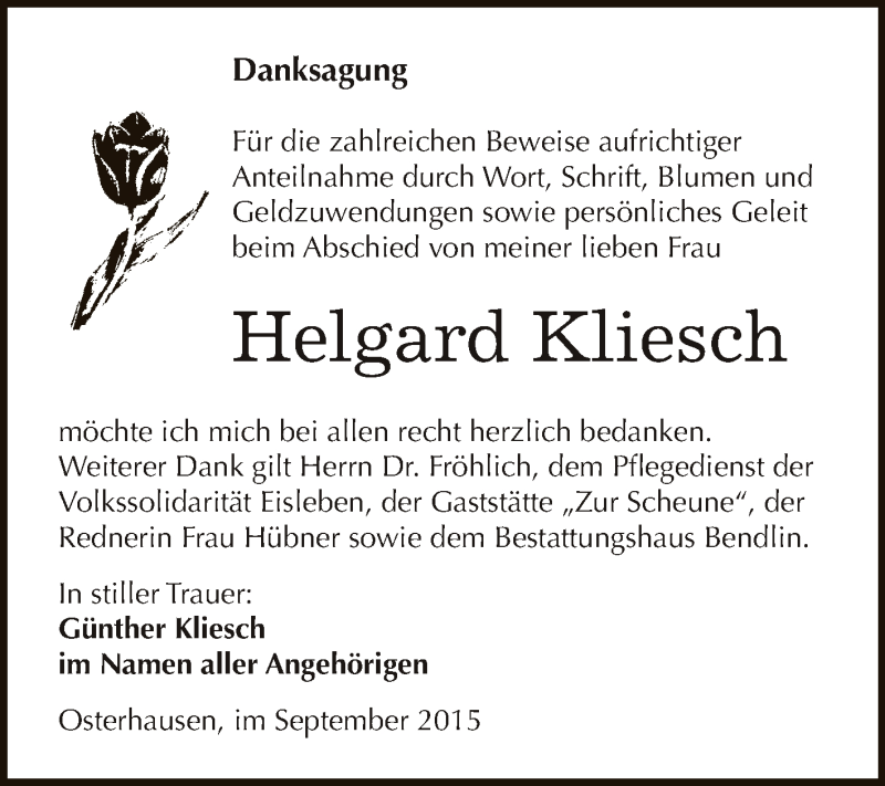  Traueranzeige für Helgard Kliesch vom 16.09.2015 aus WVG - Wochenspiegel SGH