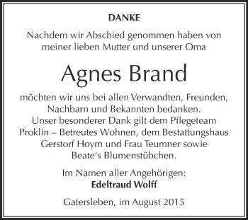 Traueranzeige von Agnes Brand von Super Sonntag Aschersleben