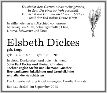Traueranzeige von Elsbeth Dickes von Mitteldeutsche Zeitung Merseburg/Querfurt