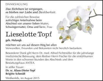 Traueranzeige von Lieselotte Topf von Mitteldeutsche Zeitung Weißenfels