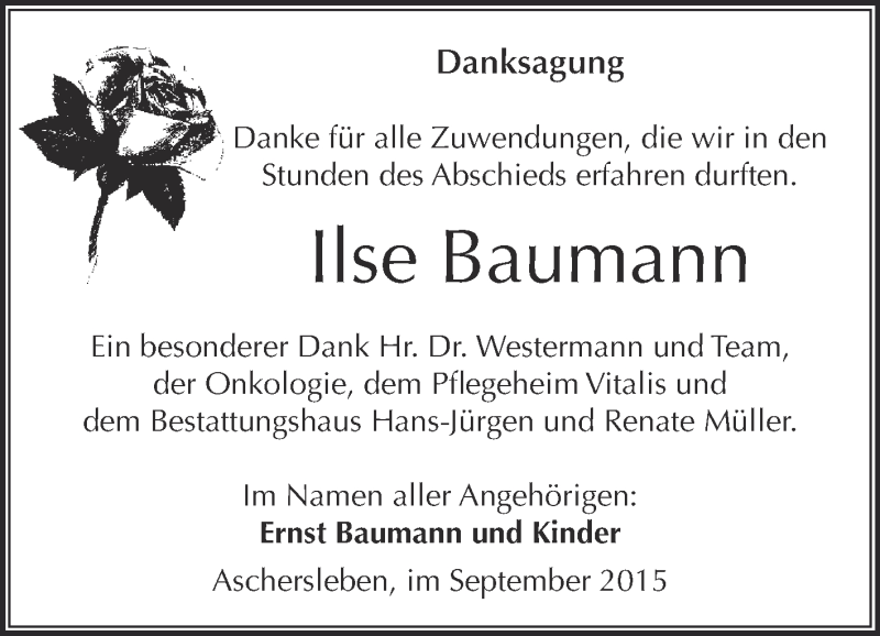  Traueranzeige für Ilse Baumann vom 30.09.2015 aus Super Sonntag Aschersleben