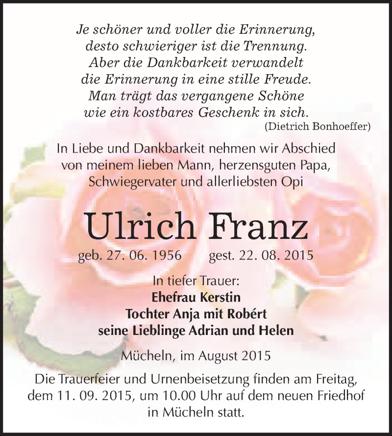 Traueranzeige für Ulrich Franz vom 05.09.2015 aus WVG - Wochenspiegel Merseburg