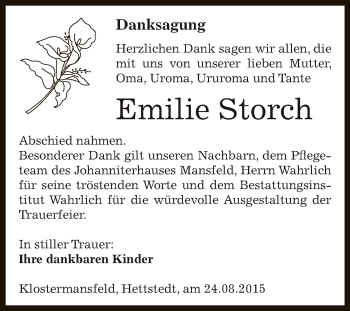 Traueranzeige von Emilie Storch von Wochenspiegel Mansfelder Land