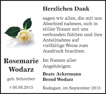 Traueranzeige von Rosemarie Wodarz von WVG - Wochenspiegel Dessau / Köthen