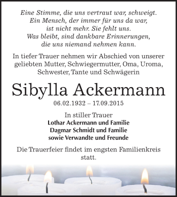 Traueranzeige von Sibylla Ackermann von WVG - Wochenspiegel Dessau / Köthen