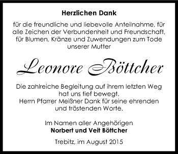 Traueranzeige von Leonore Böttcher von Mitteldeutsche Zeitung Bernburg