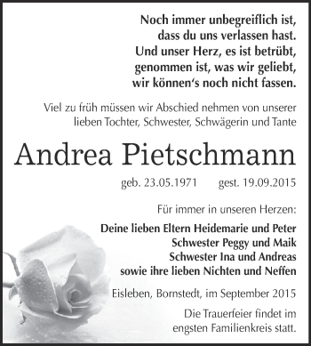 Traueranzeige von Andrea Pietschmann von Super Sonntag SGH Mansf. Land