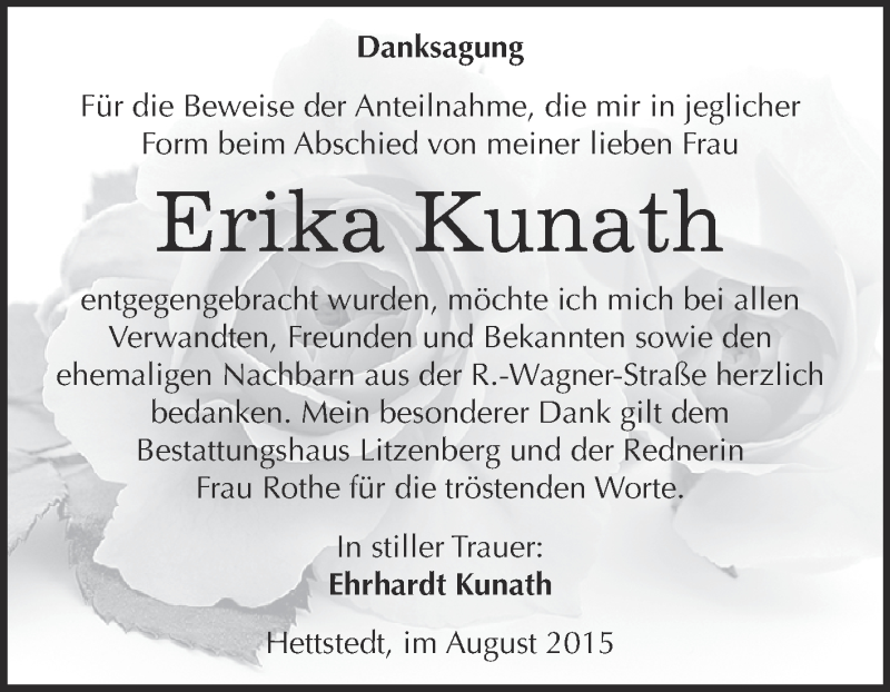  Traueranzeige für Erika Kunath vom 05.09.2015 aus Super Sonntag SGH Mansf. Land