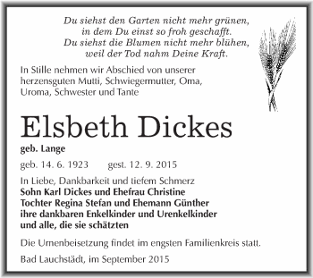 Traueranzeige von Elsbeth Dickes von WVG - Wochenspiegel Merseburg