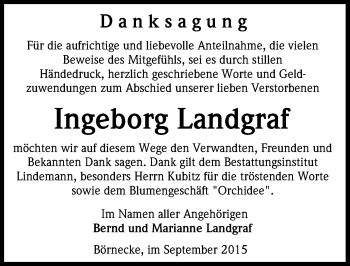 Traueranzeige von Ingeborg Landgraf von Mitteldeutsche Zeitung Quedlinburg