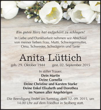 Traueranzeige von Anita Lüttich von Mitteldeutsche Zeitung Sangerhausen