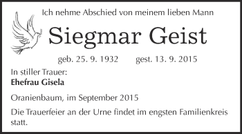 Traueranzeige von Siegmar Geist von WVG - Wochenspiegel Wittenberg