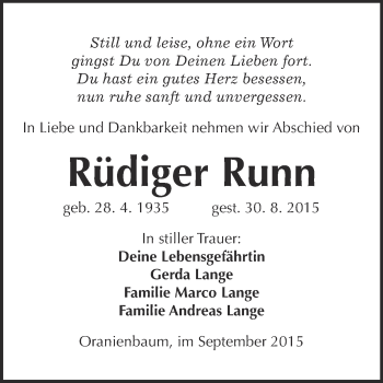 Traueranzeige von Rüdiger Runn von WVG - Wochenspiegel Wittenberg