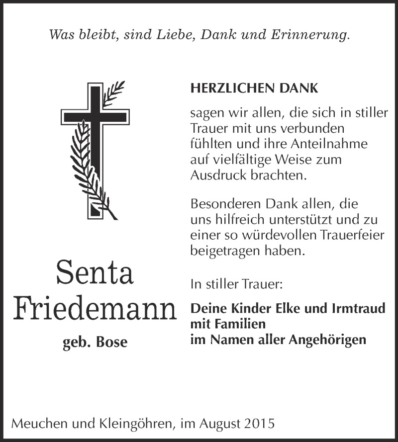  Traueranzeige für Senta Friedemann vom 02.09.2015 aus Super Sonntag Merseburg