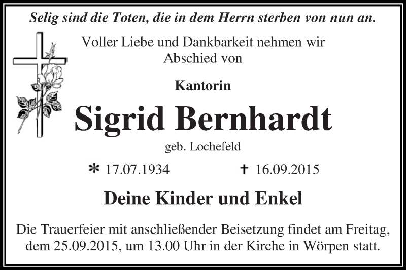  Traueranzeige für Sigrid Bernhardt vom 19.09.2015 aus WVG - Wochenspiegel Dessau / Köthen