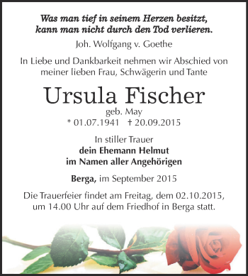 Traueranzeige von Ursula Fischer von Super Sonntag SGH Mansf. Land